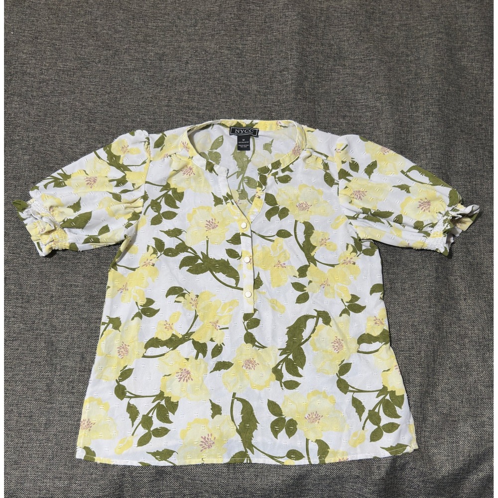 NYCC Women's Medium Blouse Floral Yellow White Short Slv‎ Henley Top Style 83930